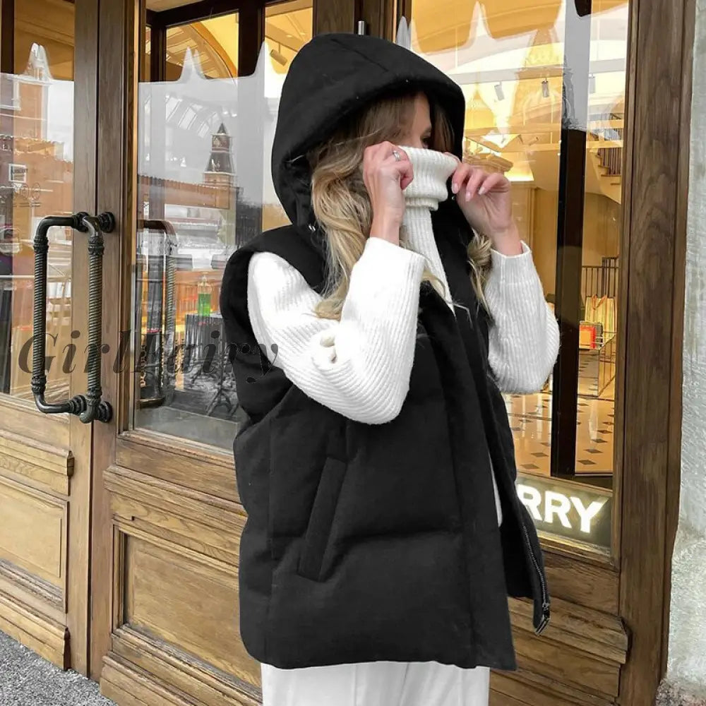 Girlfairy Hooded Stand Collar Women Cotton Vest Black Sleeveless Single Breasted Winter New Fashion
