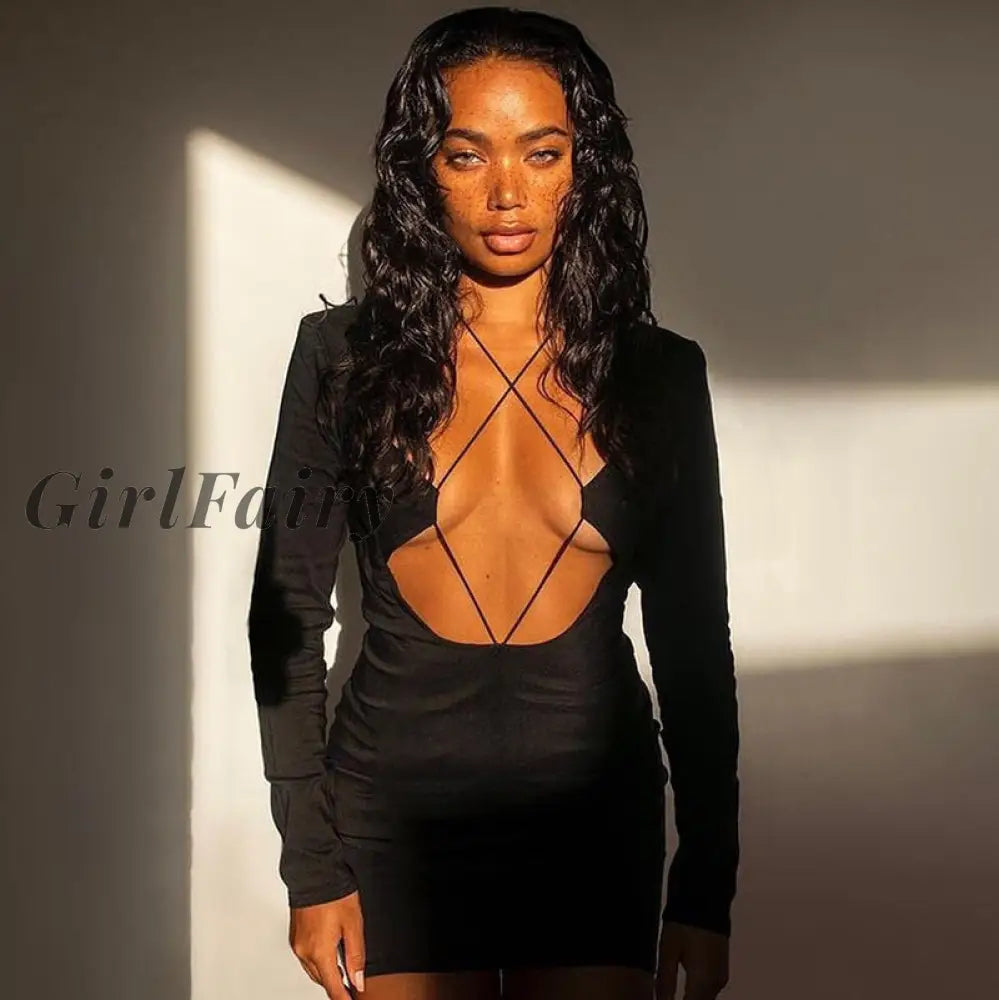 Girlfairy Hot Sexy Bandage Lace Up Long Sleeve Mini Dress Elegant Fashion Outfits Club Party Cut Out