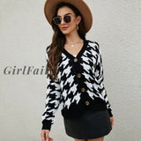 Girlfairy Houndstooth Knitted Sweater For Womens Cardigan Casual Street Autumn Winter Clothes Female