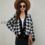 Girlfairy Houndstooth Knitted Sweater For Womens Cardigan Casual Street Autumn Winter Clothes Female