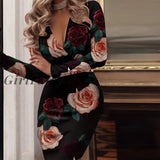 Girlfairy Houndstooth Plaid V Neck Skinny Dress Women Autumn 2023 Casual Bodycon Full Sleeve Floral