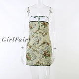 Girlfairy Indie Vintage Graphics Strapless Corset Dress Front Hook Lace Trim Tie Up Backless Tube