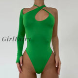 Girlfairy Irregular Bandage One Shoulder Halter Sexy Bodysuit For Women Fashion Outfits Long Sleeve Slim Fit Tops Bodysuits