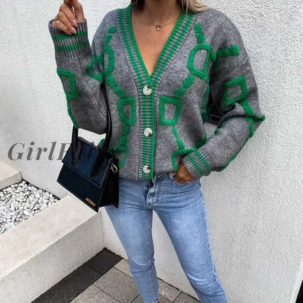 Girlfairy Knitted Button Up Loose Cardigan Sweater For Women Long Sleeve Tops Oversized Sweaters