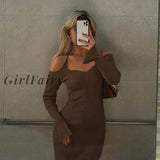 Girlfairy Knitted Maxi Dress For Women Autumn Sexy Halter Slash Neck Bodycon Robe Female