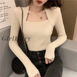 Girlfairy Knitted Sexy Woman Sweaters Casual Solid Slim Long Sleeve Square Neck Pullover Tops Female