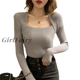 Girlfairy Knitted Sexy Woman Sweaters Casual Solid Slim Long Sleeve Square Neck Pullover Tops Female