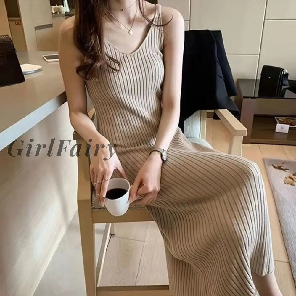 Girlfairy Knitted Slimming Women Dress Casual Sleeveless Holiday A-Line Sexy Bodycon Midi 122871Wla