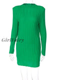 Girlfairy Knitted Stripe Women Green 2 Pieces Long Sleeve Shoulder Pads Mini Dress With Bell Wide