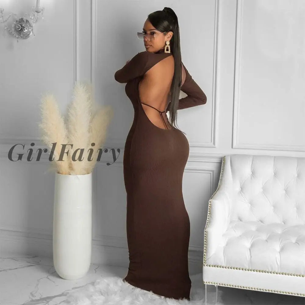 Girlfairy Knitted Stripe Women Long Sleeve Midi Dress High Neck Backless Hollow Out Bodycon Sexy