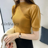 Girlfairy Knitted T Shirts Women Summer Solid O Neck Puff Sleeve Female Tops Loose Casual Pullover