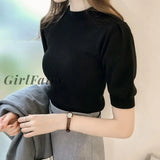 Girlfairy Knitted T Shirts Women Summer Solid O Neck Puff Sleeve Female Tops Loose Casual Pullover