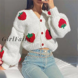 Girlfairy Knitted V-Neck Cardigan Women Sweater White Long Sleeve Single Breasted Winter Slim