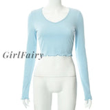 Girlfairy Knitted V-Neck Pullover Women T-Shirts White Long Sleeve Elegant Casual Winter Skinny