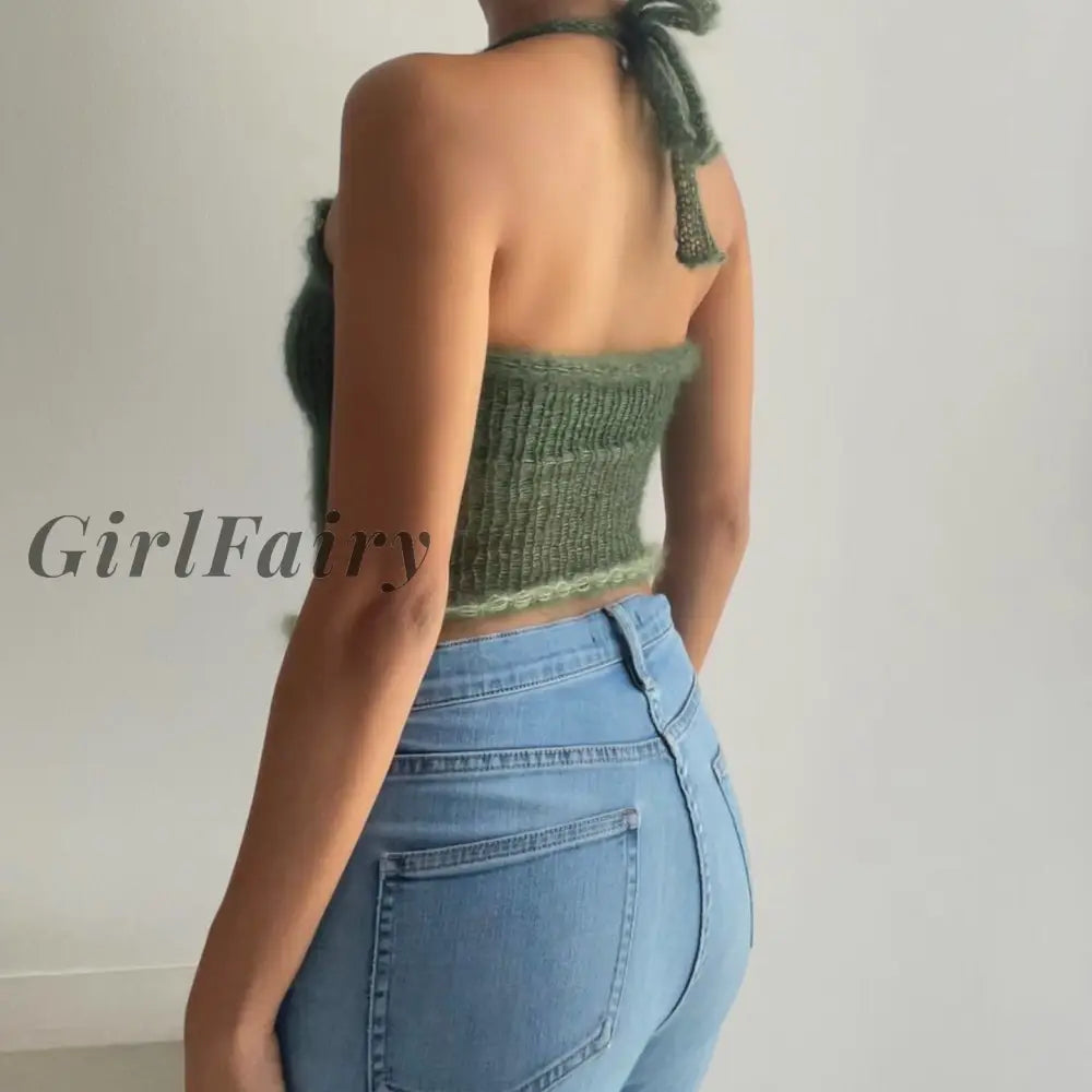 Girlfairy Knitted Y2K Halter Crop Top For Women Summer Sexy Backless Sleeveless Tees Cropped Elegant