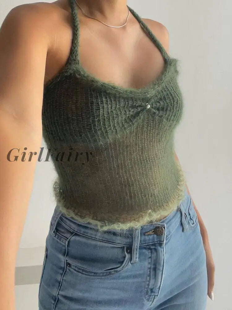 Girlfairy Knitted Y2K Halter Crop Top For Women Summer Sexy Backless Sleeveless Tees Cropped Elegant
