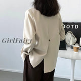 Girlfairy Korea Fashion Back Split Double Breasted Blazers Jacket Office Lady Beige Khaki Black