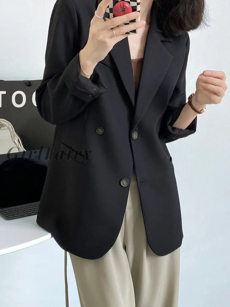 Girlfairy Korea Fashion Back Split Double Breasted Blazers Jacket Office Lady Beige Khaki Black