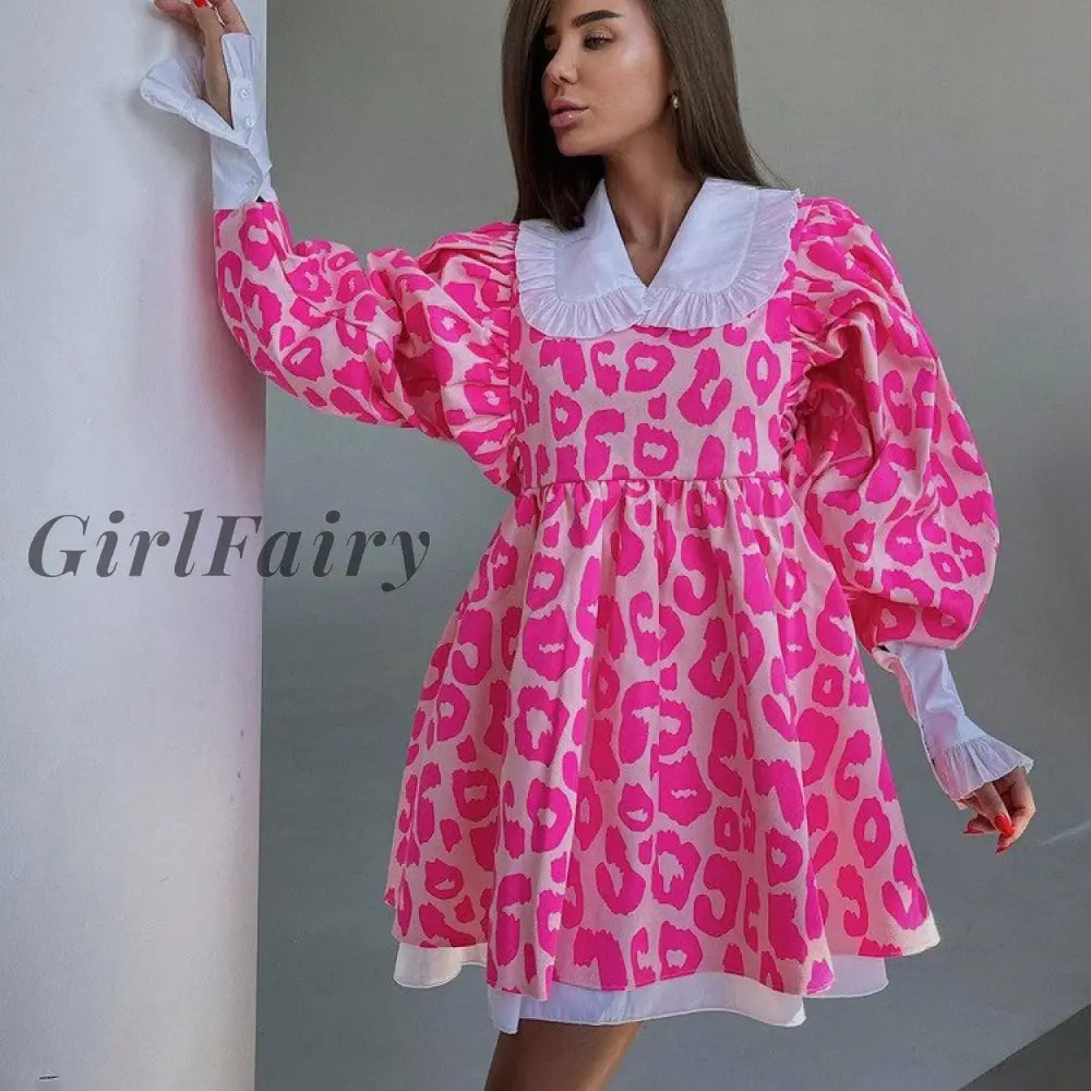 Girlfairy Korea Fashion Pink Lovely Lantern Sleeve Dresses Leopard Print Long A Line Dress Casual