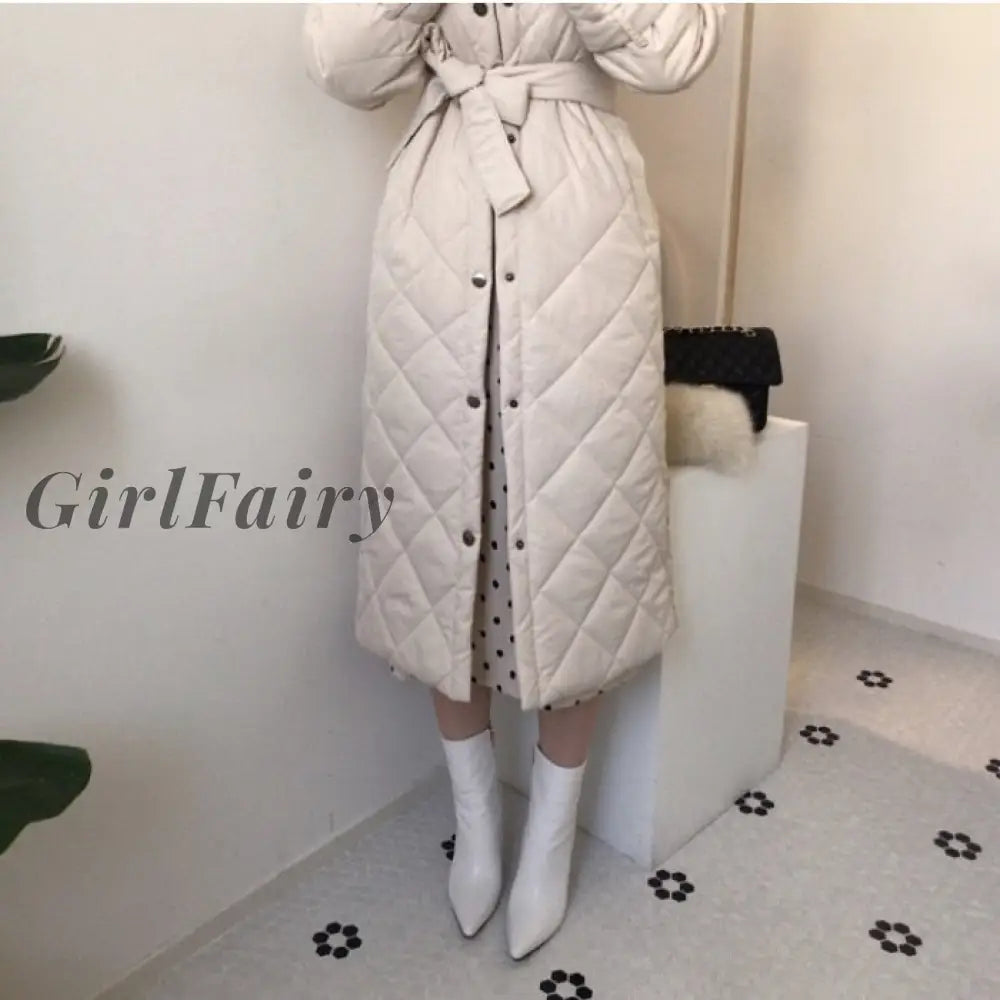 Girlfairy Korean Elegant Thicken Women Long Coat Winter Full Sleeve Single-Breasted Belted Warm