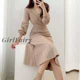 Girlfairy Korean Fashion Autumn Temperament High Waist Solid Color Simplicity Dress V-Neck Long