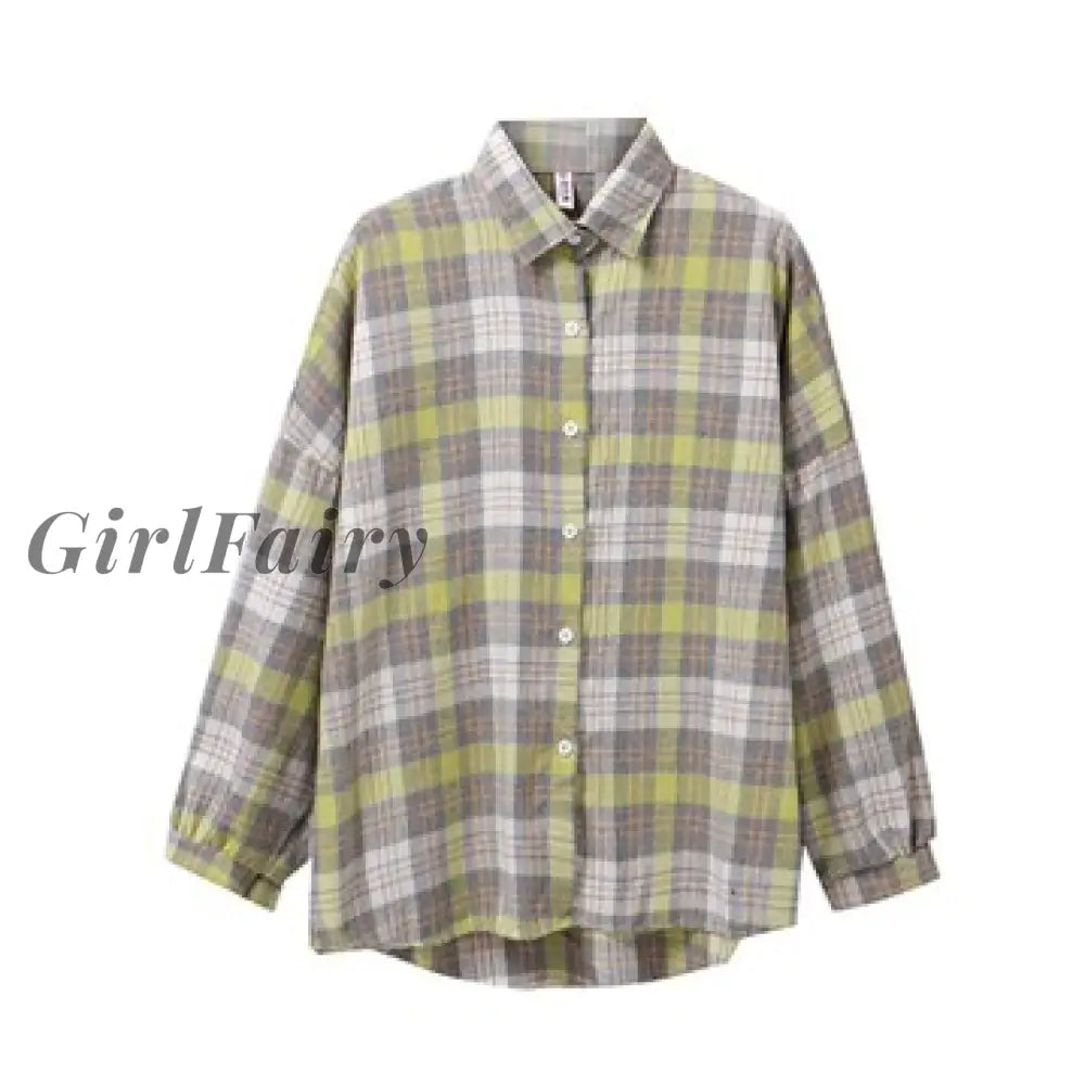 Girlfairy Korean Plaid Loose Shirts Blouse Women Classic Long Sleeve Cute Student Button Up Shirt