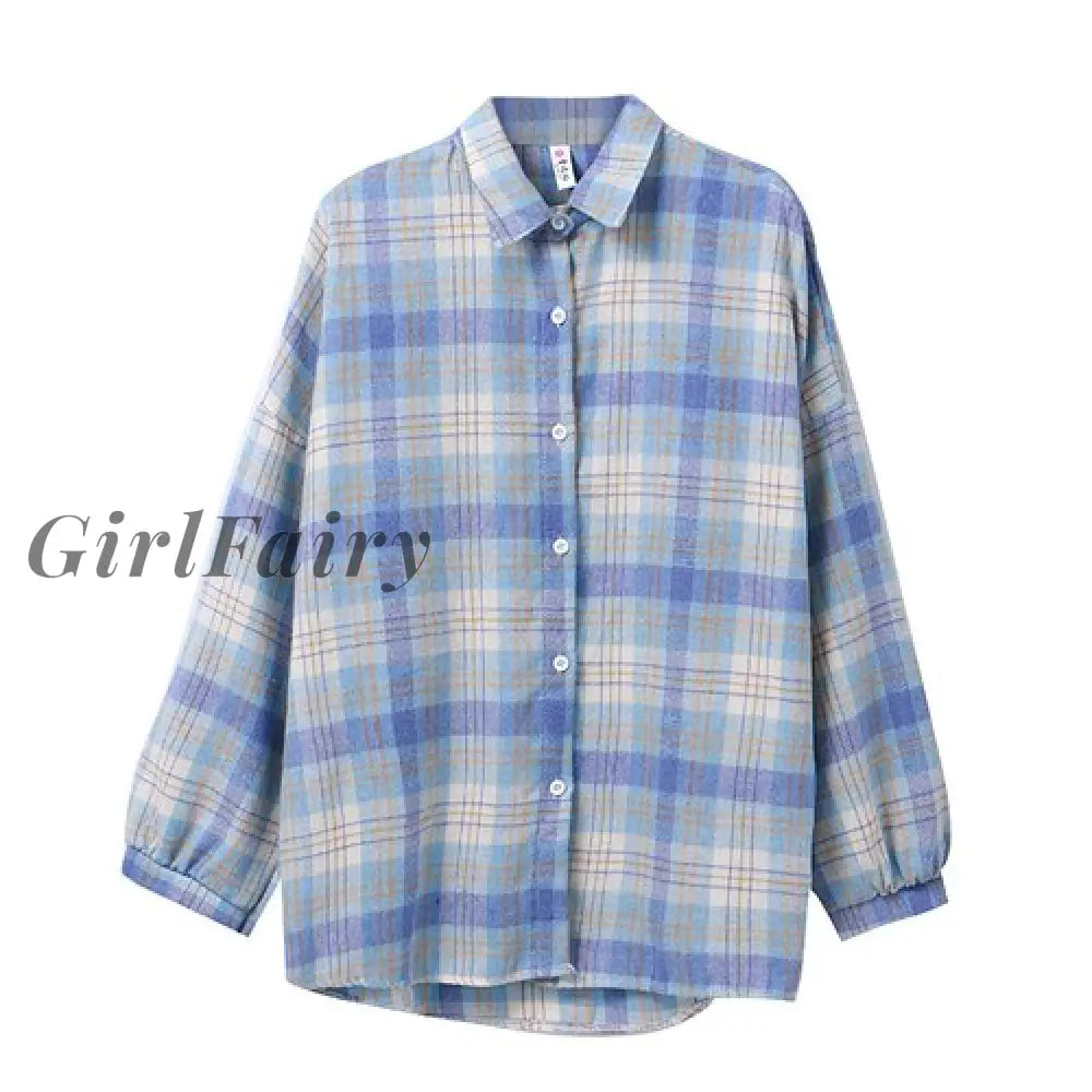 Girlfairy Korean Plaid Loose Shirts Blouse Women Classic Long Sleeve Cute Student Button Up Shirt