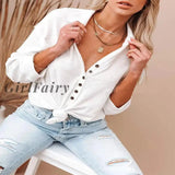 Girlfairy Korean Style Blouse Women Shirts V Neck Office Top Solid Color Christmas Womens Shirt