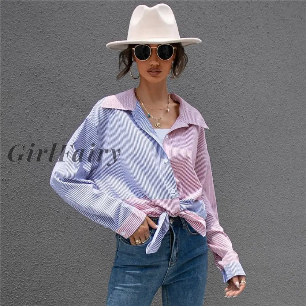 Girlfairy Korean Style Women Blouse Long Tops Shirts Elegant Casual Lady Turn-Down Collar Patchwork