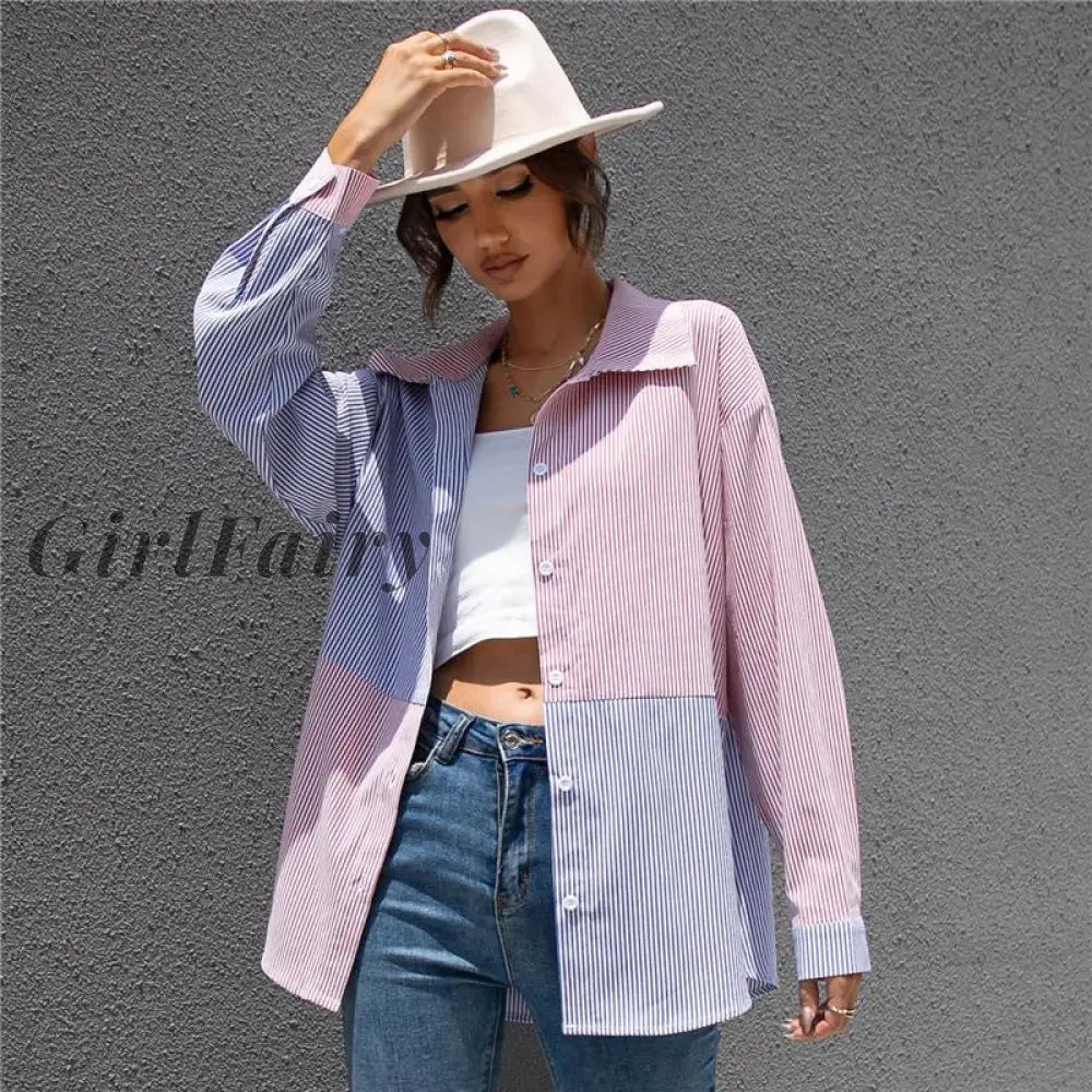 Girlfairy Korean Style Women Blouse Long Tops Shirts Elegant Casual Lady Turn-Down Collar Patchwork