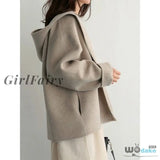 Girlfairy Korean Version Of The Autumn And Winter Hooded Woolen Coat Female Short Loose Lazy Beige /