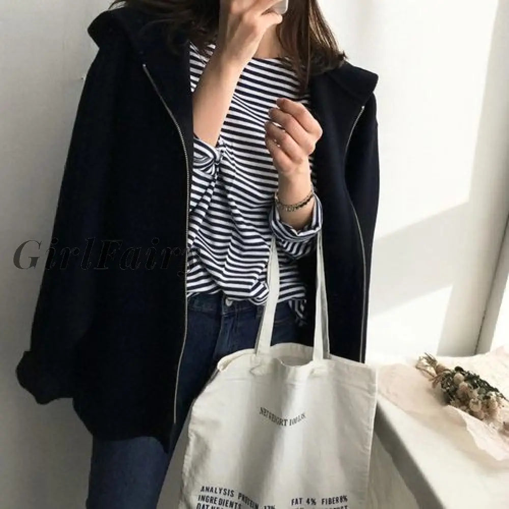 Girlfairy Korean Version Of The Autumn And Winter Hooded Woolen Coat Female Short Loose Lazy Black /