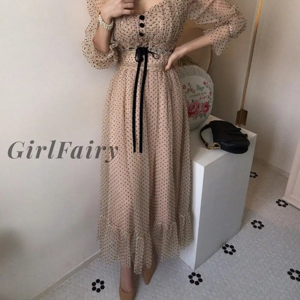 Girlfairy Korean Womens Dress Fall Square Neck High Waist Lace Trim Stitching Organza Polka Dot