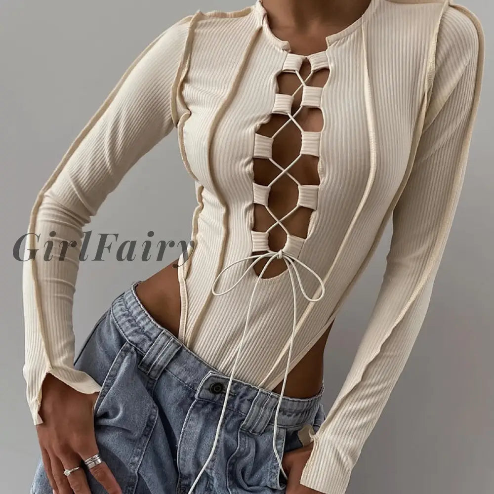 Girlfairy Lace Up Bandage Bodysuit For Women Overalls Fashion Outfit Long Sleeve Skinny Tops One