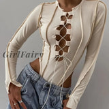 Girlfairy Lace Up Bandage Bodysuit For Women Overalls Fashion Outfit Long Sleeve Skinny Tops One