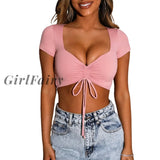 Girlfairy Lace Up Front T-Shirts Summer Women Short Sleeve Crop Tops Casual Sexy Solid Color Low Cut