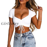 Girlfairy Lace Up Front T-Shirts Summer Women Short Sleeve Crop Tops Casual Sexy Solid Color Low Cut