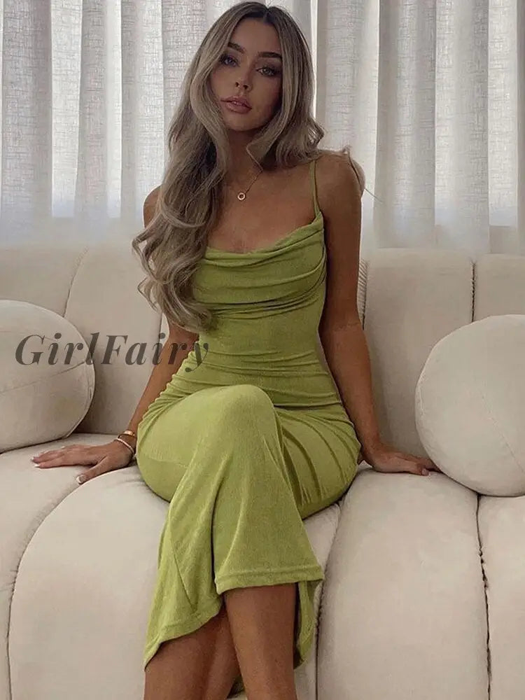Girlfairy Lace Up Strap Backless Midi Dress Solid Bodycon Sexy Party Club Elegant Festival Clothing