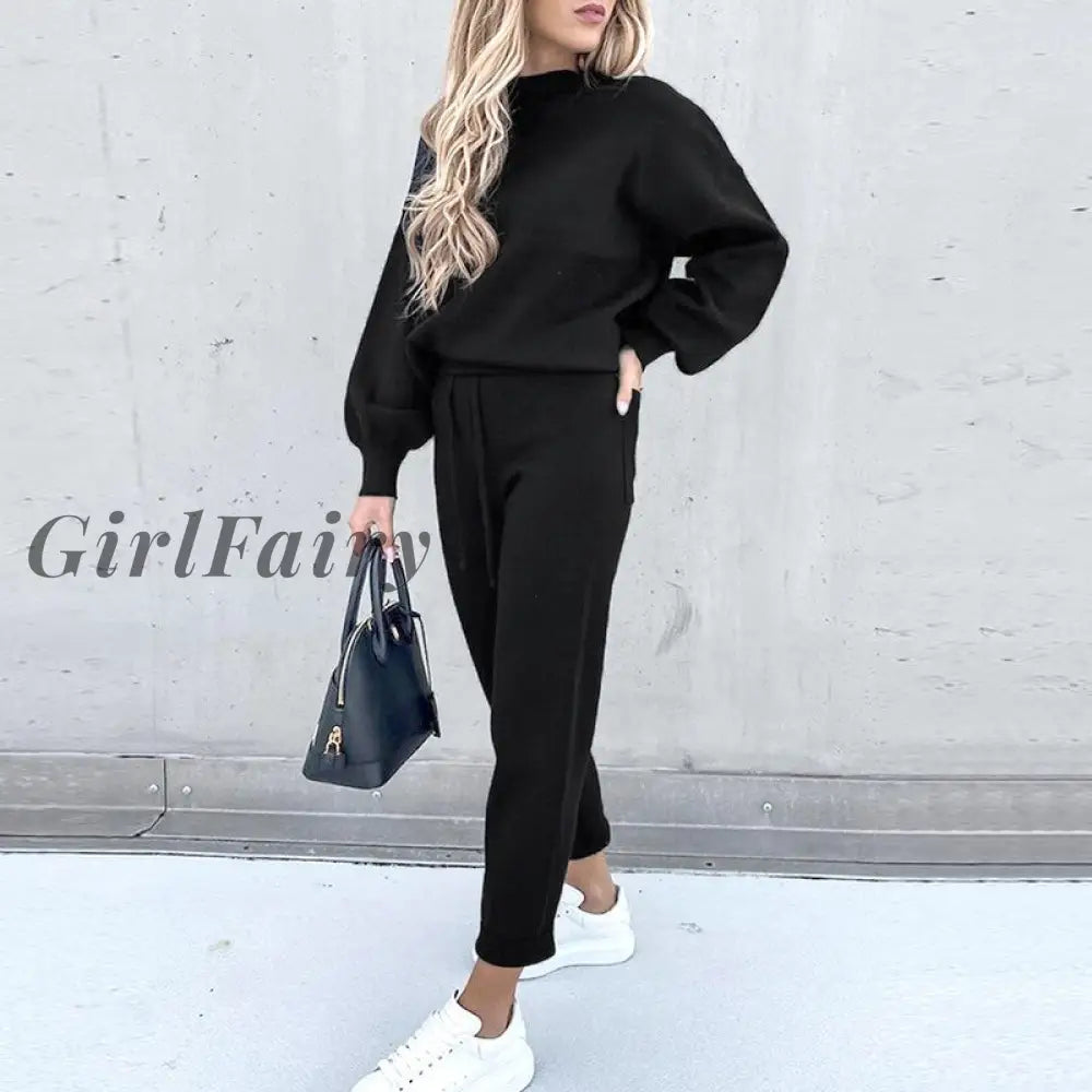 Girlfairy Ladies Long Sleeve 2 Pieces Sets Women Fashion Solid Outfits Spring Autumn Slash Neck