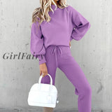 Girlfairy Ladies Long Sleeve 2 Pieces Sets Women Fashion Solid Outfits Spring Autumn Slash Neck