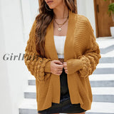 Girlfairy Lantern Sleeve Knitted Loose Cardigan Sweaters For Women Fashion Yellow V-Neck Coat Autumn