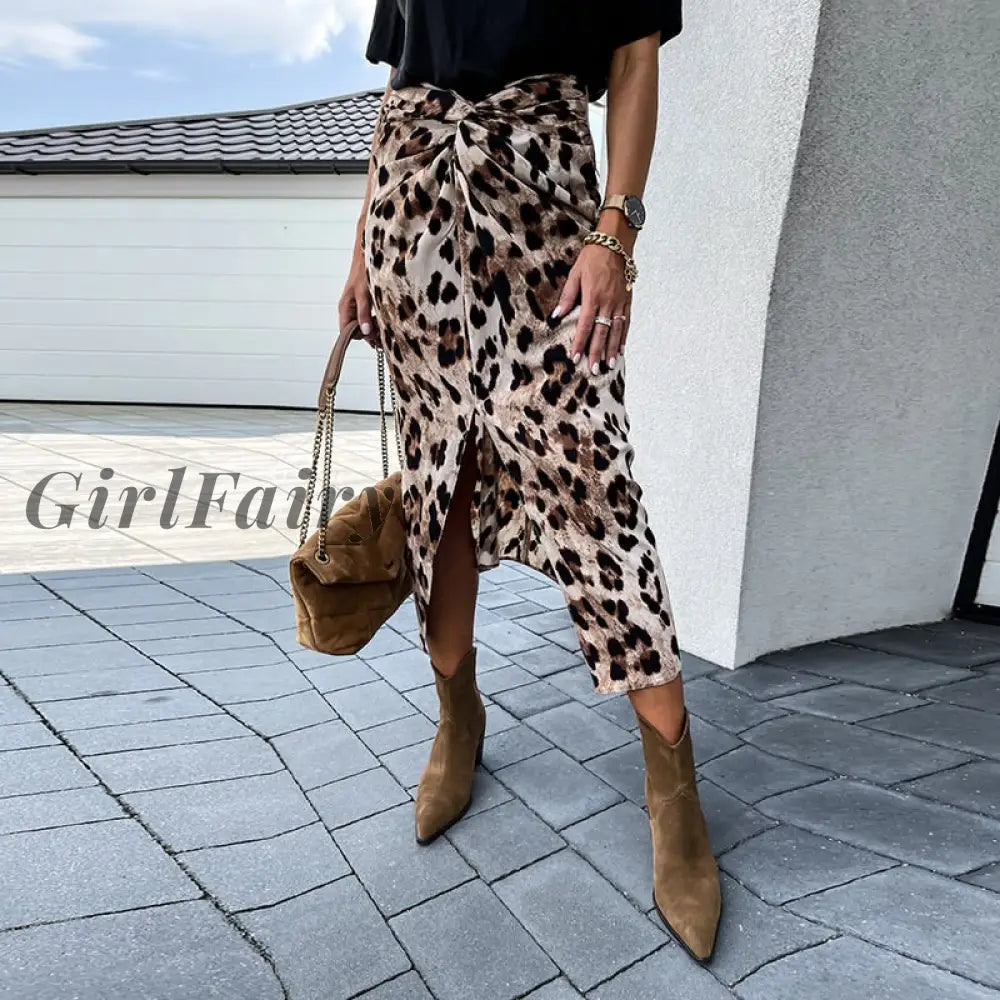 Girlfairy Leopard Print Women Front Knot Skirt High Waist Split Slim Office Autumn Ladies Midi Long