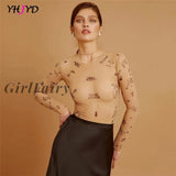 Girlfairy Letter Print See Through Bodysuit For Women Autumn Fashion Casual Mesh Slim Long Sleeve