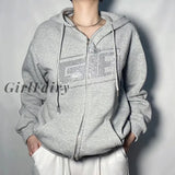 Girlfairy Letter Print Women Long Sleeve Sweatshirt Hoodis Zipper Loose Oversized Streetwear Casual