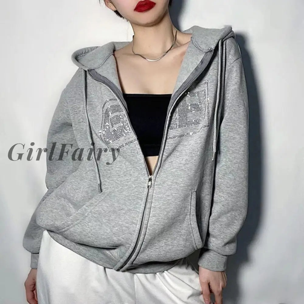 Girlfairy Letter Print Women Long Sleeve Sweatshirt Hoodis Zipper Loose Oversized Streetwear Casual