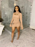 Girlfairy Long Ruched Flare Sleeve Hollow Out Bandage Slit Sexy Mini Dress Autumn Winter Women