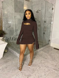 Girlfairy Long Ruched Flare Sleeve Hollow Out Bandage Slit Sexy Mini Dress Autumn Winter Women