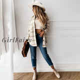 Girlfairy Long Shirts Blouses Autumn Winter White Sleeve Loose Casual Plaid Button Up Turn-Down
