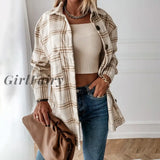 Girlfairy Long Shirts Blouses Autumn Winter White Long Sleeve Loose Casual Plaid Button Up Turn-down Collared Tops Jacket Coat For Women