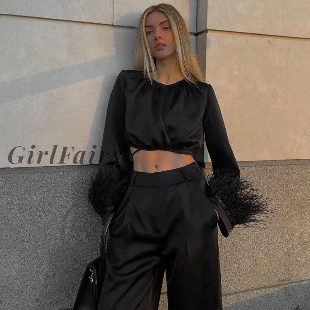 Girlfairy Long Sleeve 2 Pieces Pants Suit Black Feather Crop Top And Set Satin Trousers Fashion Two